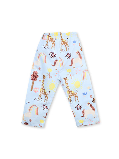Enfance Cotton Woven Full Sleeves Safari Animal & Rainbow Printed Night Suit - S.Blue