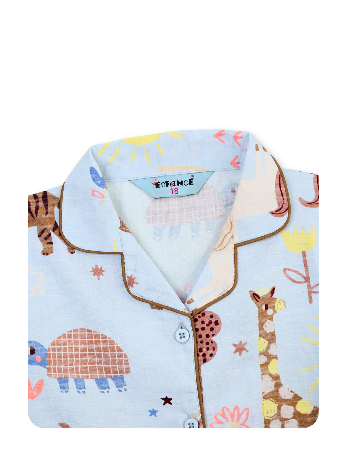 Enfance Cotton Woven Full Sleeves Safari Animal & Rainbow Printed Night Suit - S.Blue