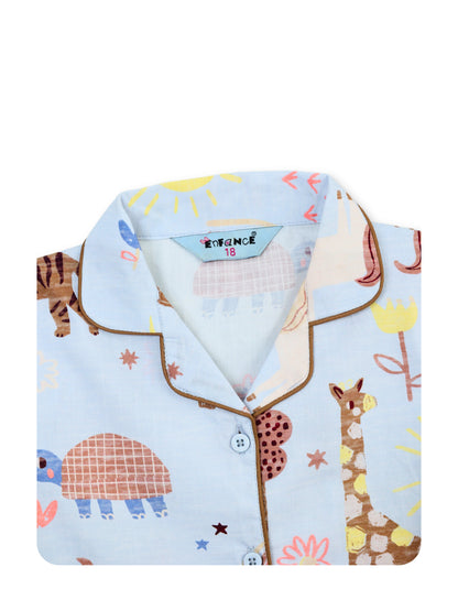 Enfance Cotton Woven Full Sleeves Safari Animal & Rainbow Printed Night Suit - S.Blue