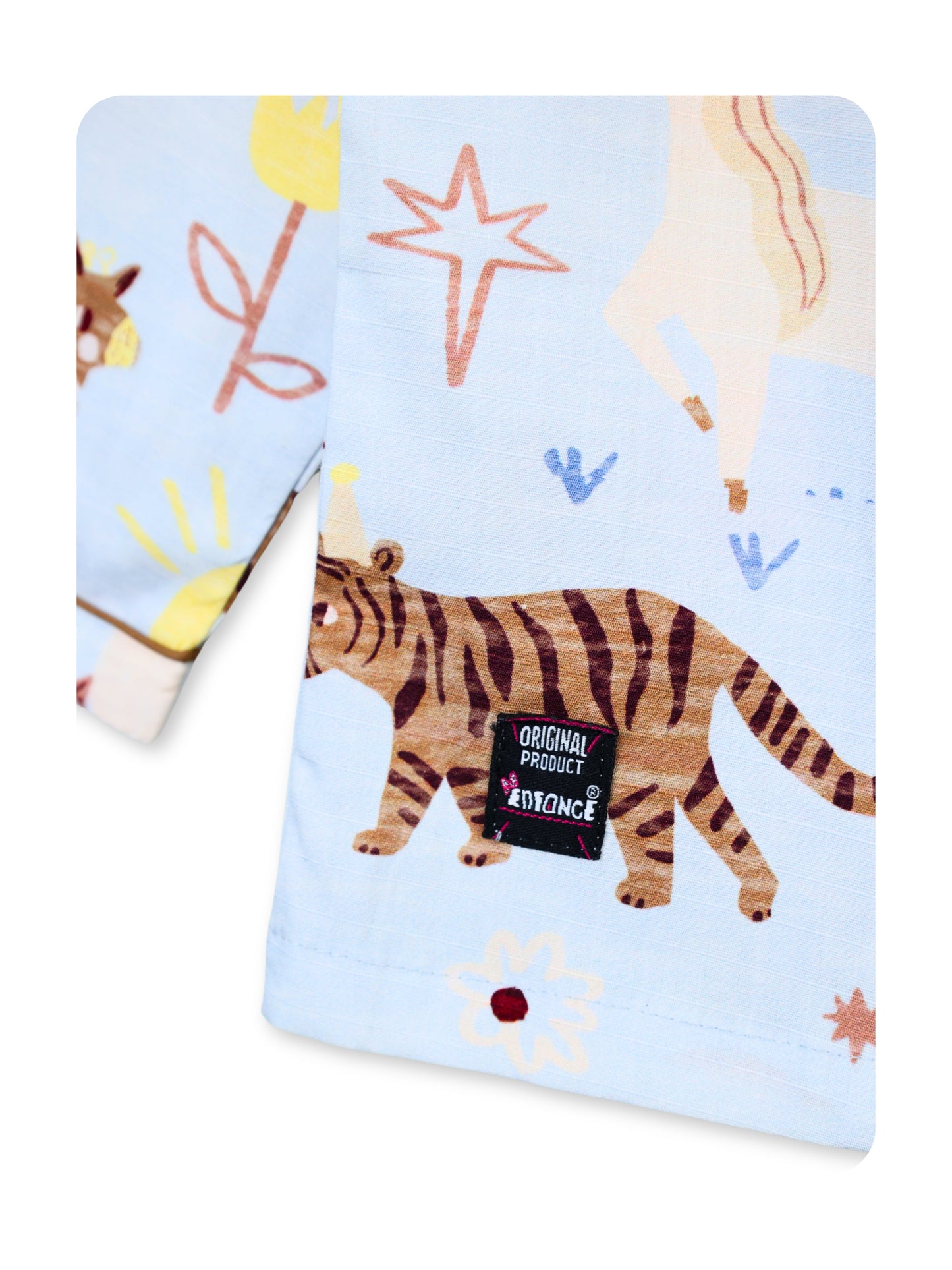 Enfance Cotton Woven Full Sleeves Safari Animal & Rainbow Printed Night Suit - S.Blue