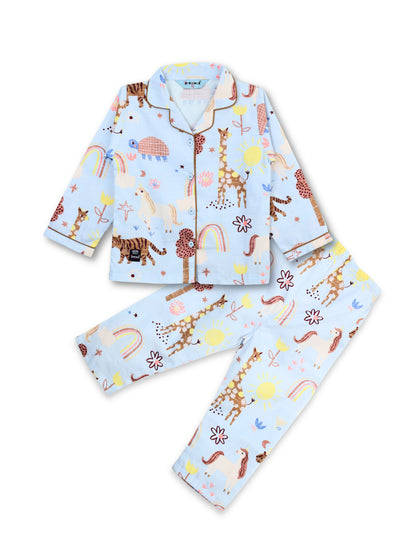 Enfance Cotton Woven Full Sleeves Safari Animal & Rainbow Printed Night Suit - S.Blue