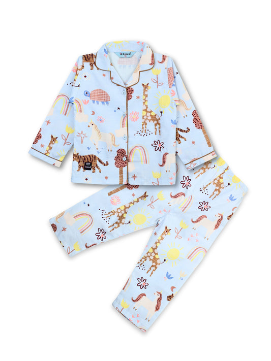 Enfance Cotton Woven Full Sleeves Safari Animal & Rainbow Printed Night Suit - S.Blue