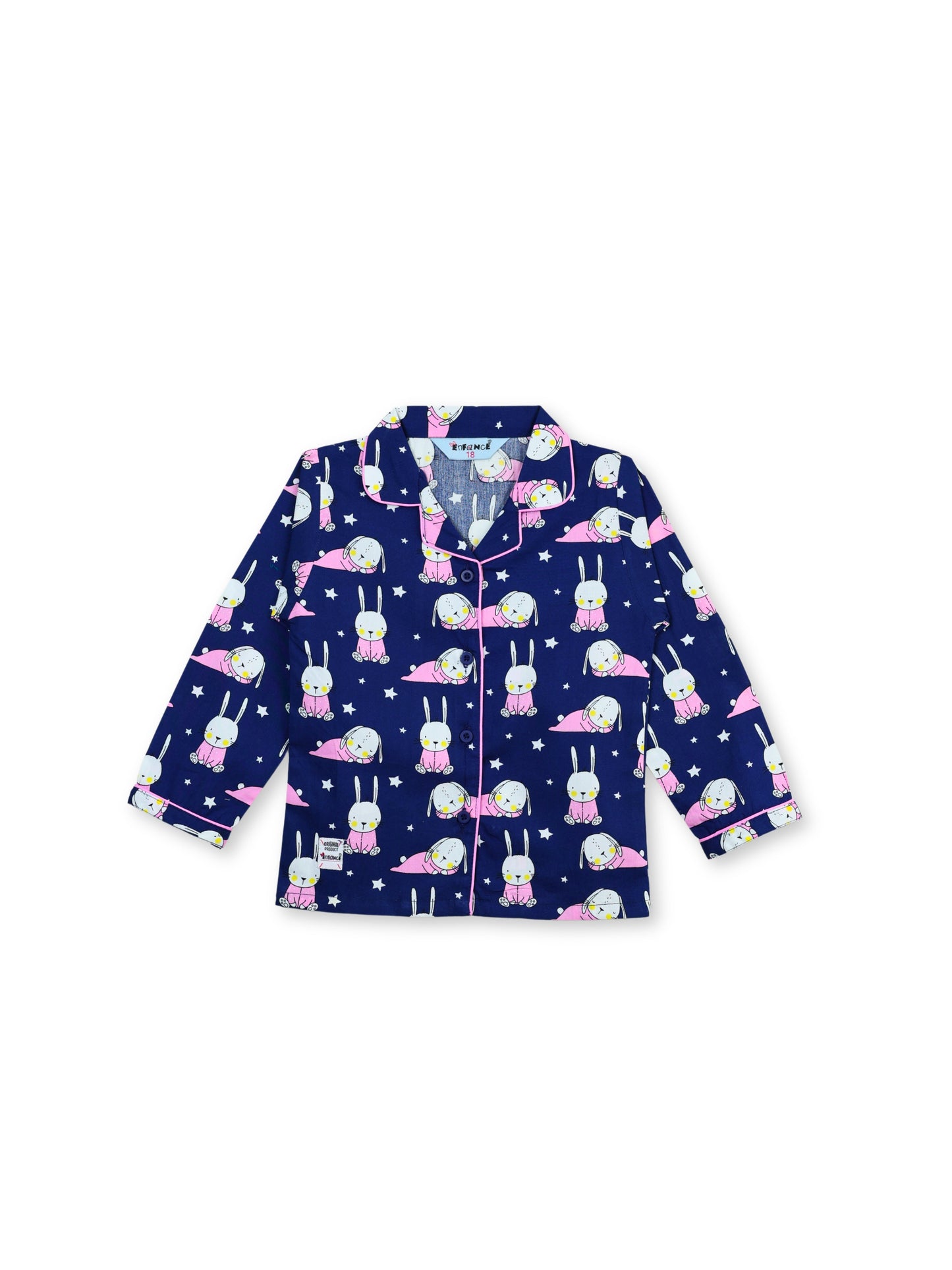 Enfance Cotton Woven Full Sleeves Bunny & Star Printed Night Suit - Navy
