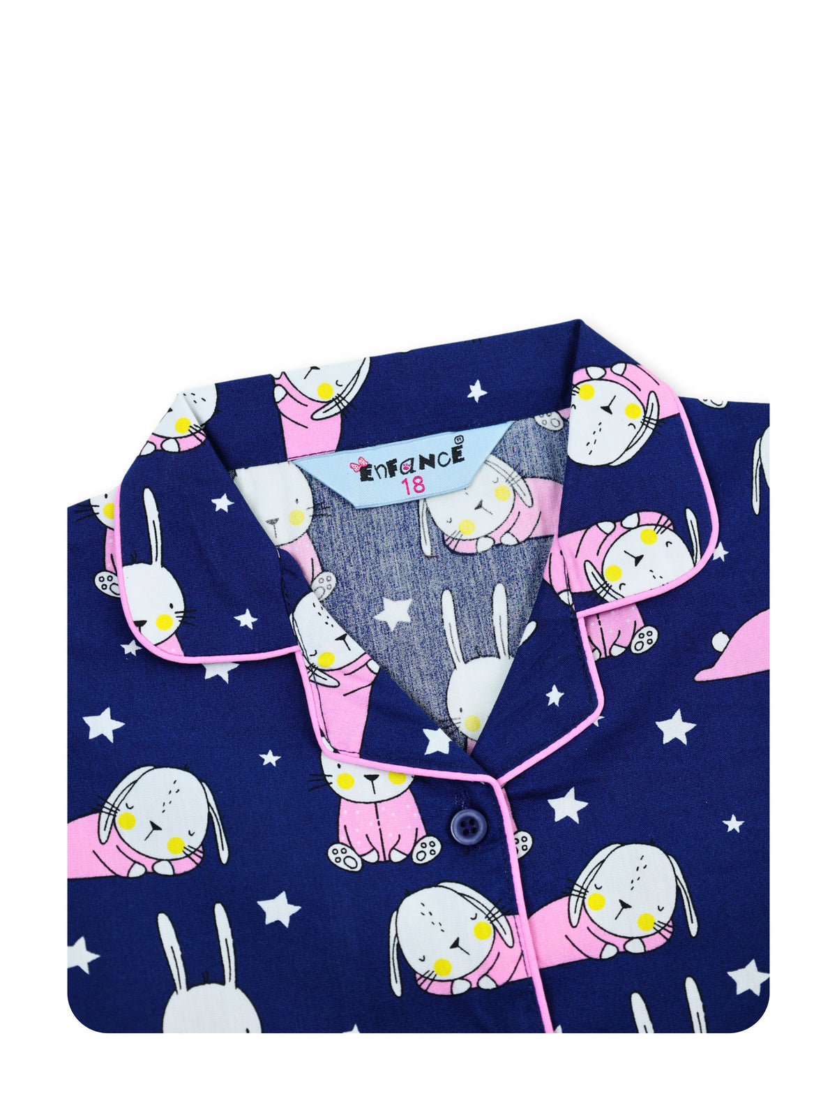 Enfance Cotton Woven Full Sleeves Bunny & Star Printed Night Suit - Navy