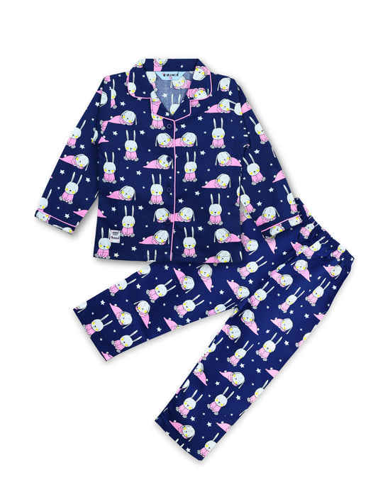 Enfance Cotton Woven Full Sleeves Bunny & Star Printed Night Suit - Navy