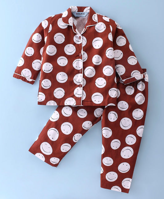 Enfance Core Full Sleeves Smiley Print Night Suit-Coffee