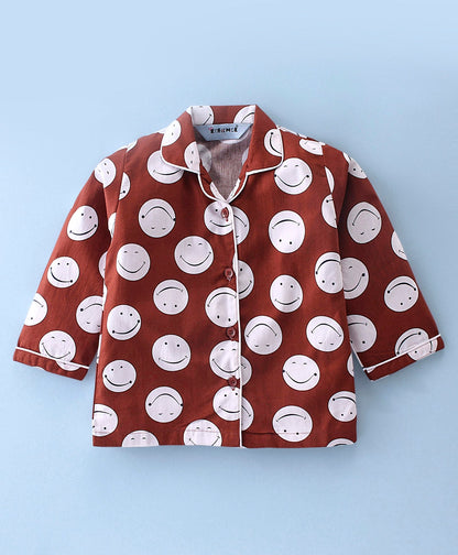 Enfance Core Full Sleeves Smiley Print Night Suit-Coffee