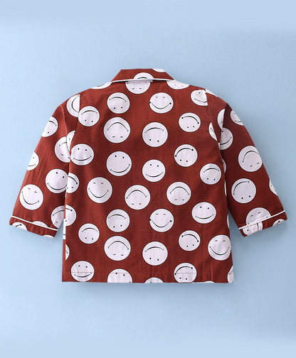 Enfance Core Full Sleeves Smiley Print Night Suit-Coffee