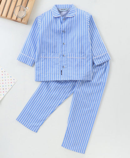 Enfance Full Sleeves Stripe Printed Nightsuit - Blue