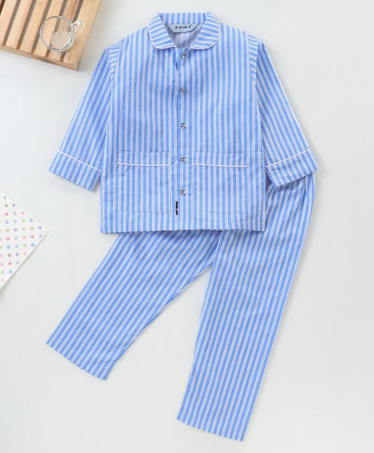 Enfance Full Sleeves Stripe Printed Nightsuit - Blue