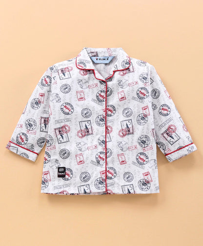 Enfance  Full Sleeves Stamp Print Night Suit - Off White