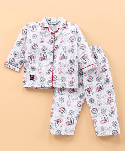 Enfance  Full Sleeves Stamp Print Night Suit - Off White