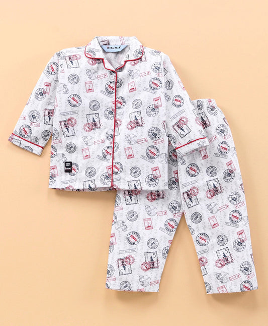 Enfance  Full Sleeves Stamp Print Night Suit - Off White