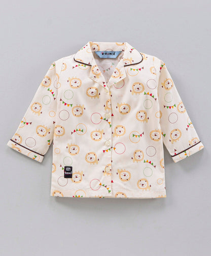 Enfance  Full Sleeves Lion Face Print Night Suit -Fawn