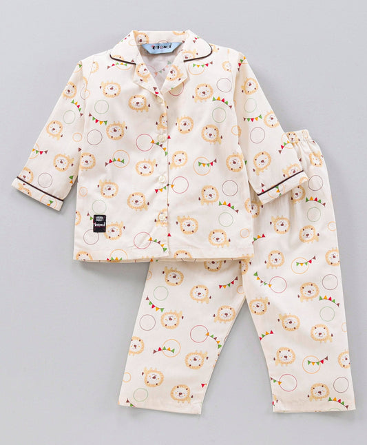 Enfance  Full Sleeves Lion Face Print Night Suit -Fawn