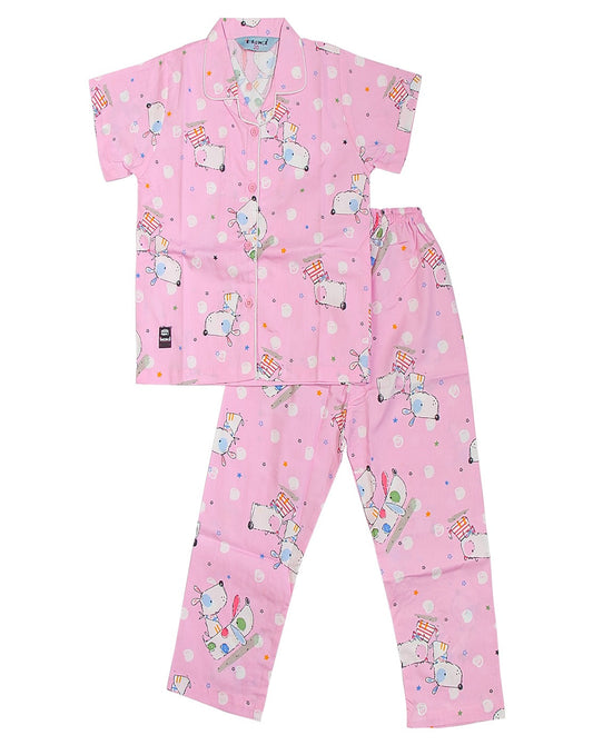 Enfance Dog Printed Half Sleeves Nightsuit - Pink
