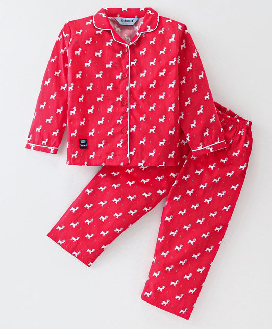 Enfance Core Full Sleeves All Over Printed Nightsuit-Red