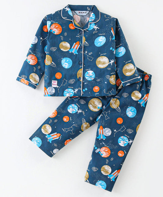 Enfance Full Sleeves Planets Print Nightsuit-Navy
