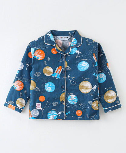 Enfance Full Sleeves Planets Print Nightsuit-Navy