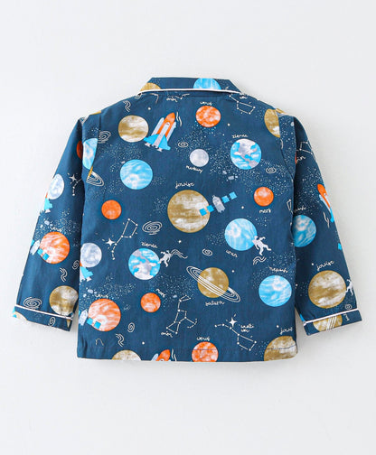 Enfance Full Sleeves Planets Print Nightsuit-Navy