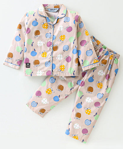 Enfance Core Full Sleeves All Over Apple Print Nightsuit-Fawn
