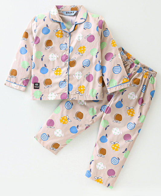 Enfance Core Full Sleeves All Over Apple Print Nightsuit-Fawn