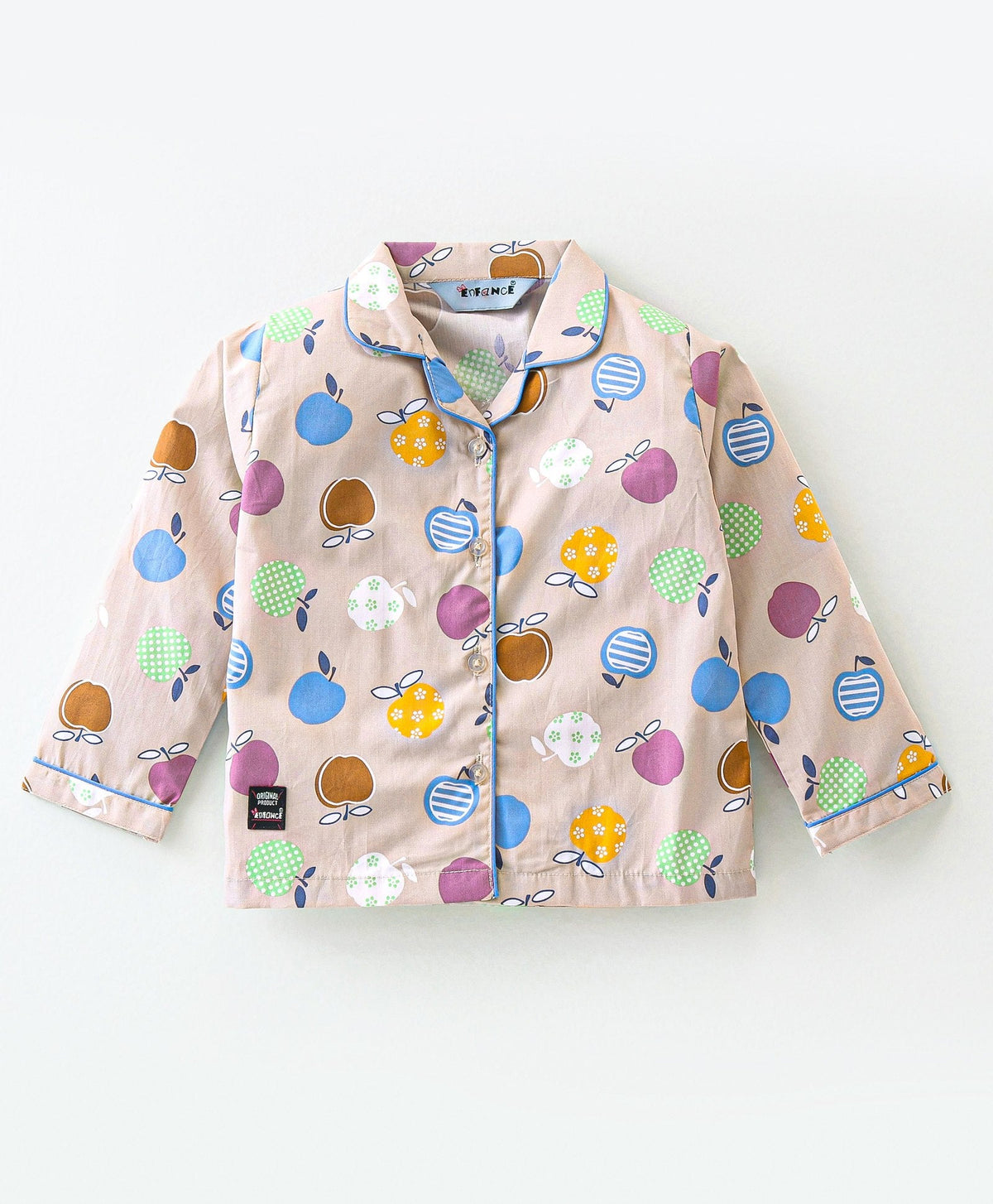 Enfance Core Full Sleeves All Over Apple Print Nightsuit-Fawn