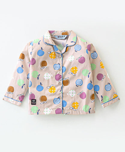 Enfance Core Full Sleeves All Over Apple Print Nightsuit-Fawn