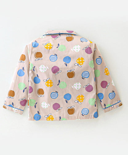 Enfance Core Full Sleeves All Over Apple Print Nightsuit-Fawn
