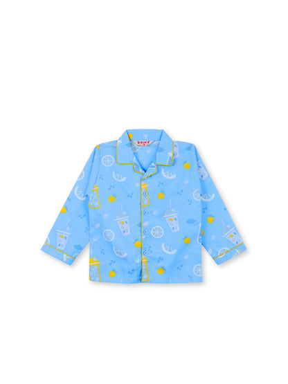 Enfance Cotton Woven Full Sleeves Lemonade Printed Night Suit - Blue