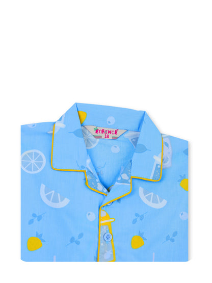 Enfance Cotton Woven Full Sleeves Lemonade Printed Night Suit - Blue