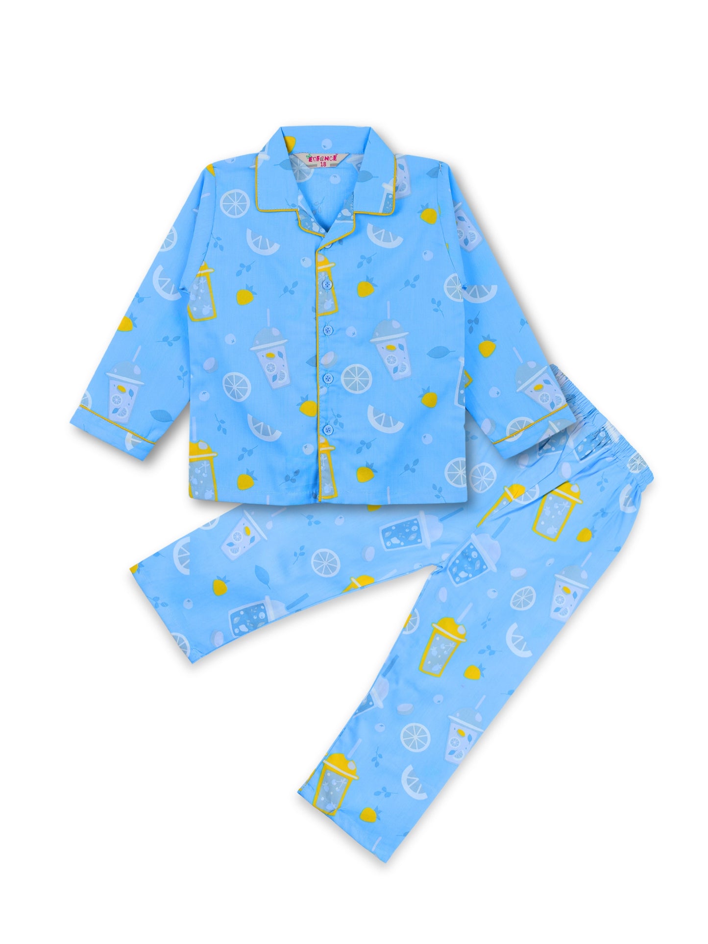 Enfance Cotton Woven Full Sleeves Lemonade Printed Night Suit - Blue