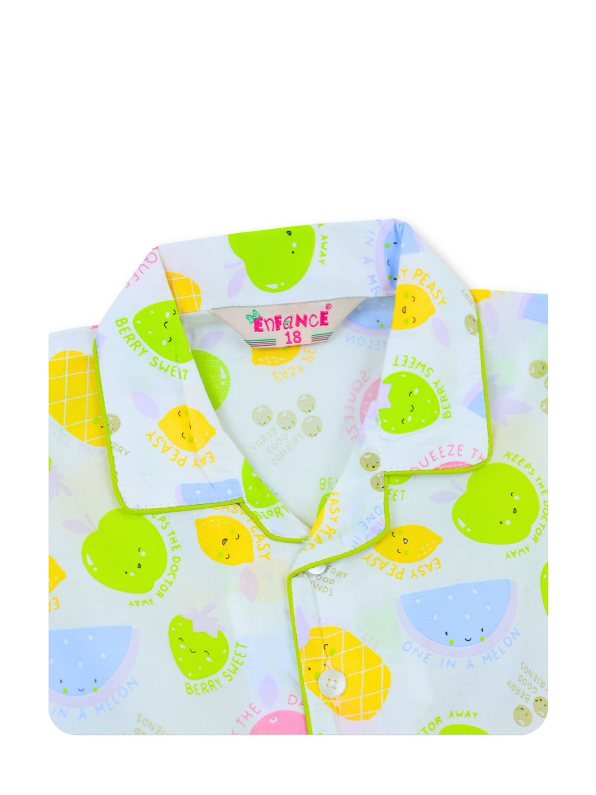 Enfance Cotton Woven Full Sleeves Fruit & Ice Cream Printed Night Suit - Green