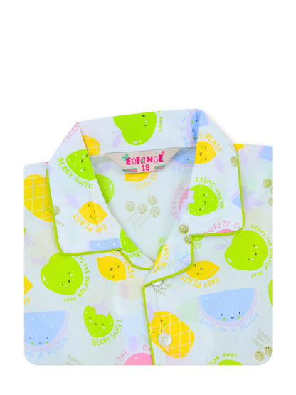 Enfance Cotton Woven Full Sleeves Fruit & Ice Cream Printed Night Suit - Green