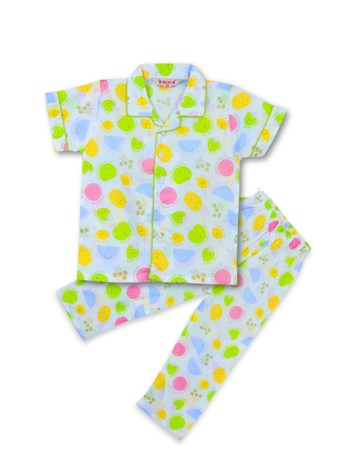 Enfance Cotton Woven Full Sleeves Fruit & Ice Cream Printed Night Suit - Green