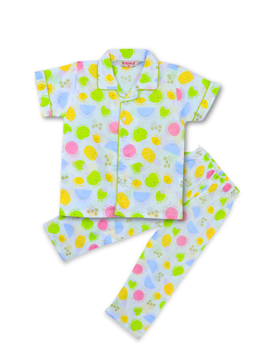 Enfance Cotton Woven Full Sleeves Fruit & Ice Cream Printed Night Suit - Green