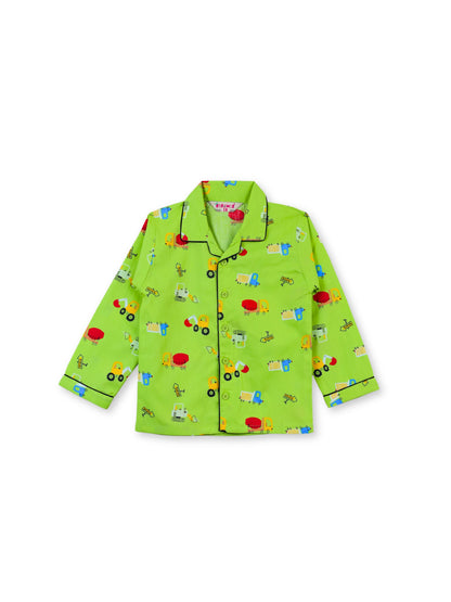 Enfance Cotton Woven Full Sleeves Construction Vehicle Printed Night Suit - P.Green