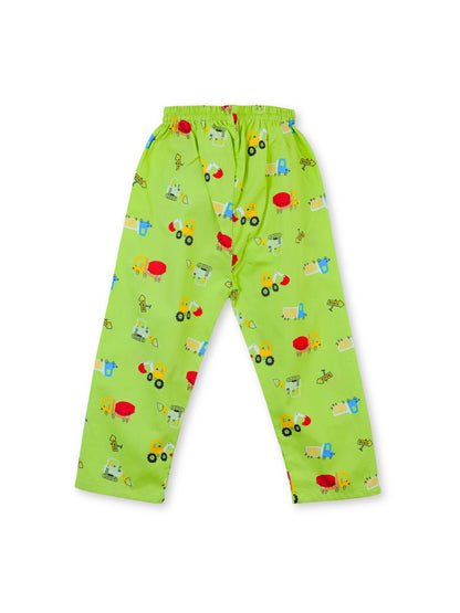 Enfance Cotton Woven Full Sleeves Construction Vehicle Printed Night Suit - P.Green