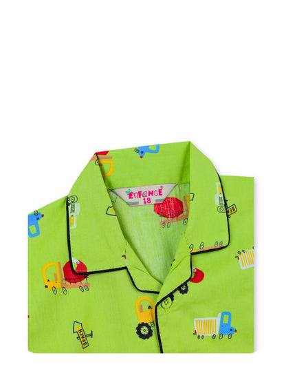 Enfance Cotton Woven Full Sleeves Construction Vehicle Printed Night Suit - P.Green