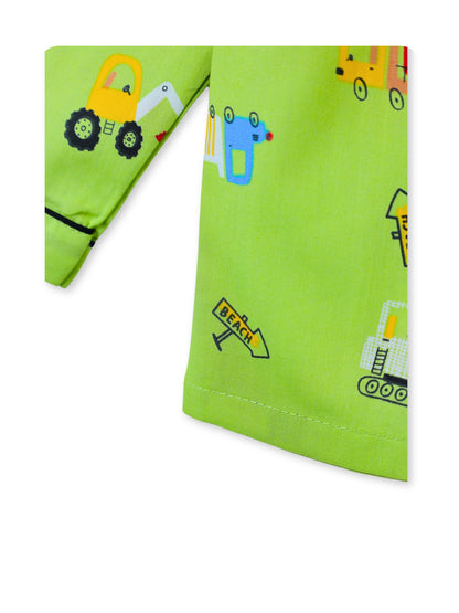 Enfance Cotton Woven Full Sleeves Construction Vehicle Printed Night Suit - P.Green
