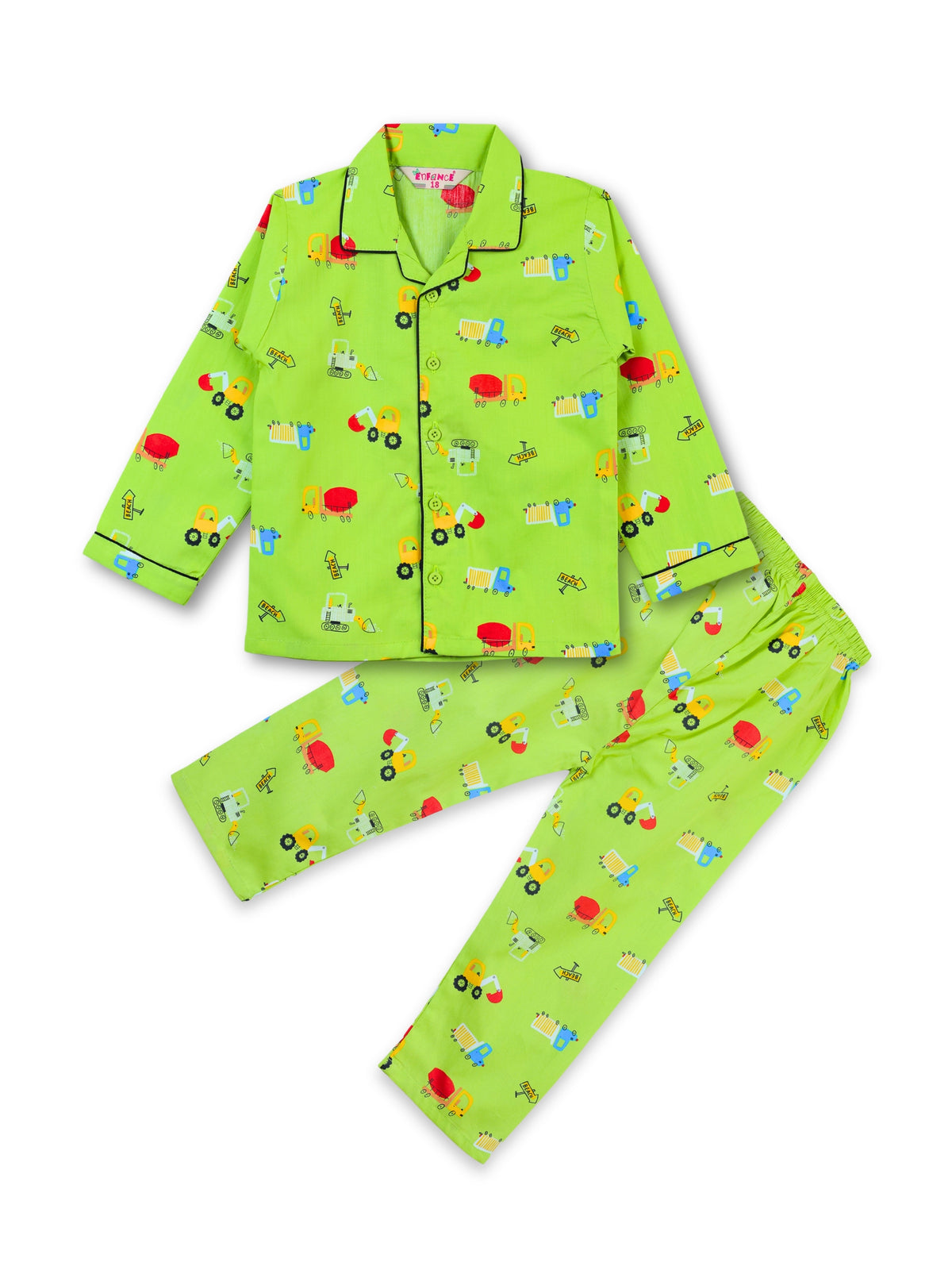 Enfance Cotton Woven Full Sleeves Construction Vehicle Printed Night Suit - P.Green