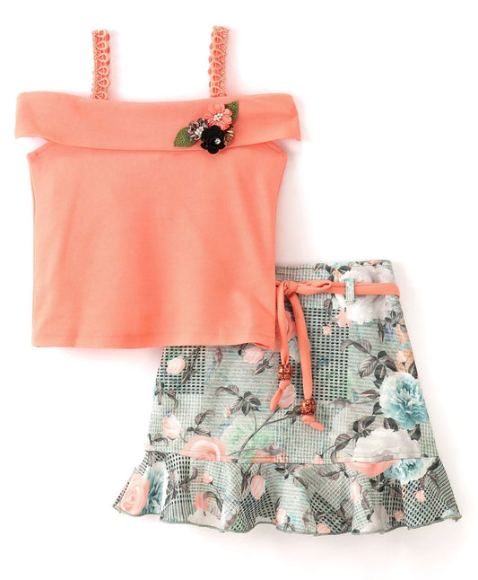 Enfance Cold Shoulder Short Sleeves Floral Applique Top With Flower Printed Frill Hem Skirt -Peach