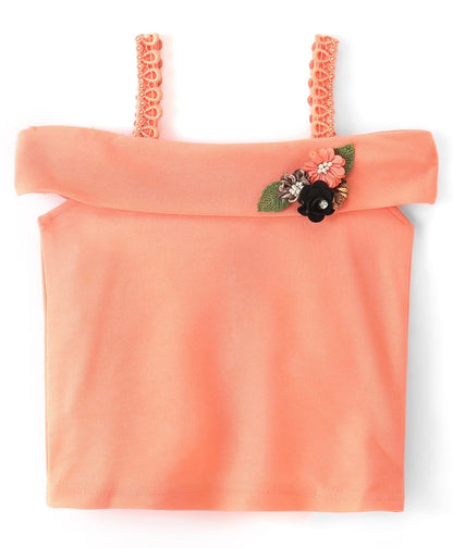 Enfance Cold Shoulder Short Sleeves Floral Applique Top With Flower Printed Frill Hem Skirt -Peach