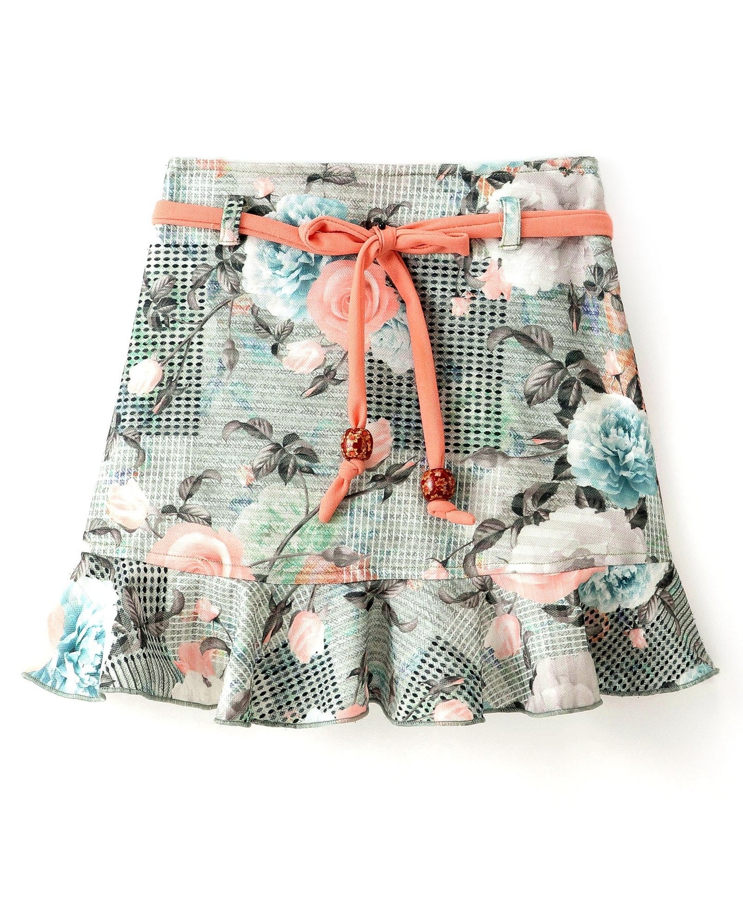 Enfance Cold Shoulder Short Sleeves Floral Applique Top With Flower Printed Frill Hem Skirt -Peach