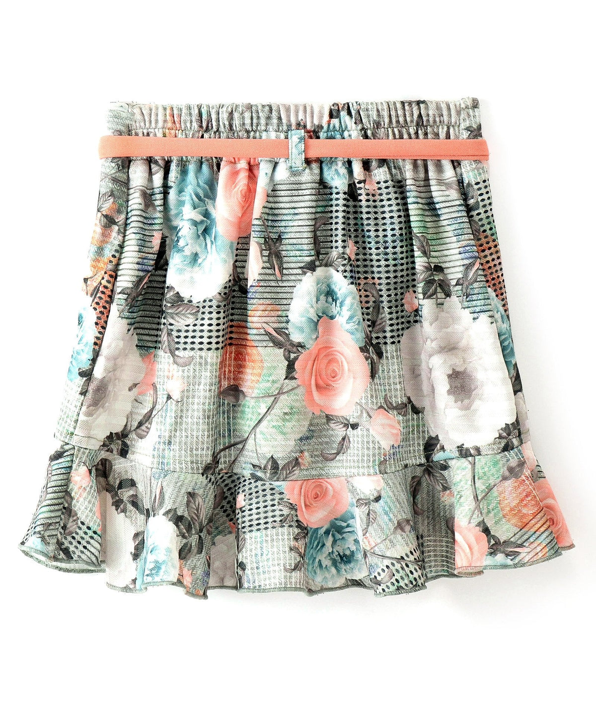 Enfance Cold Shoulder Short Sleeves Floral Applique Top With Flower Printed Frill Hem Skirt -Peach