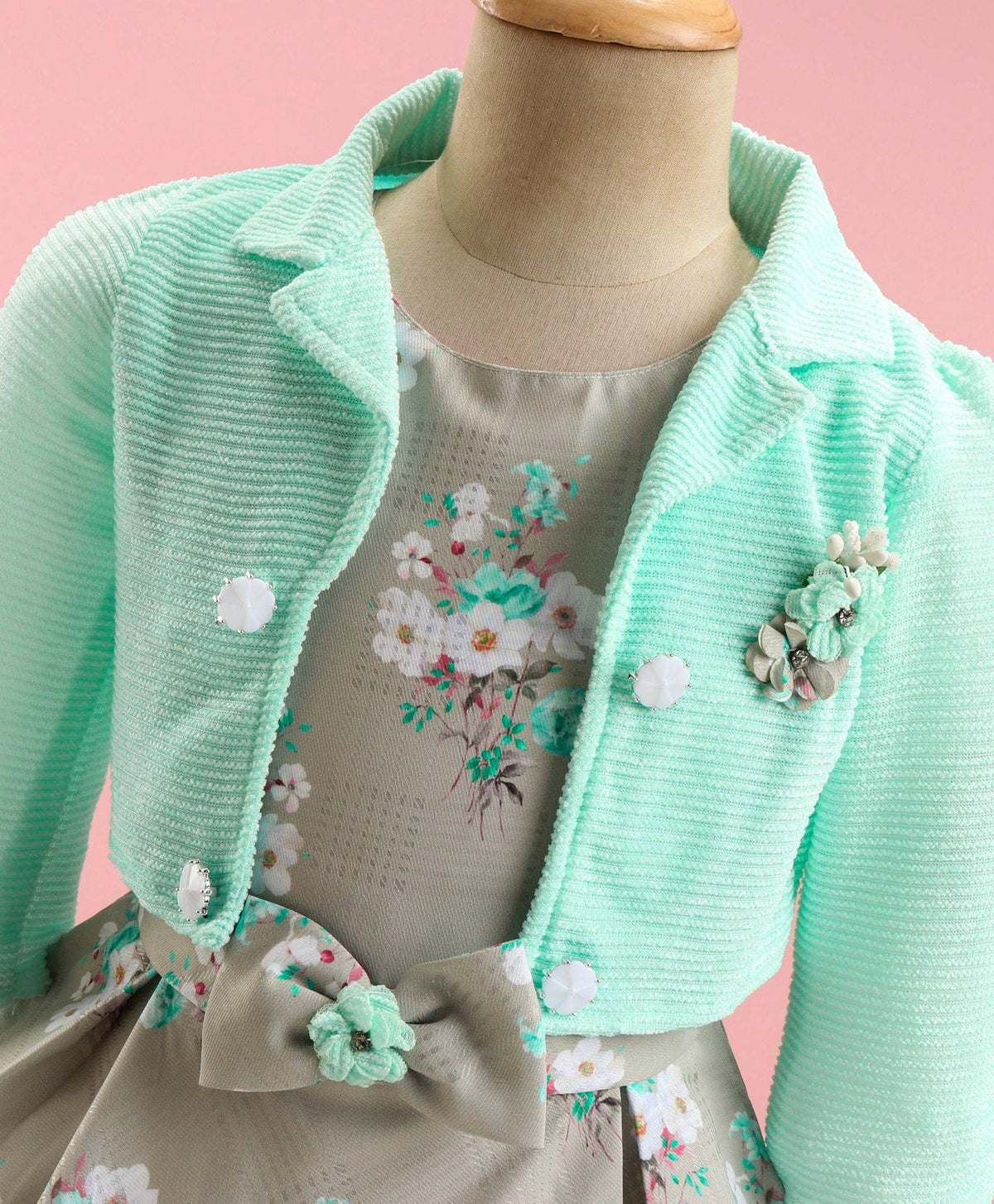 Enfance Sleveless Floral Printed  Dress With  Jacket-L.Green
