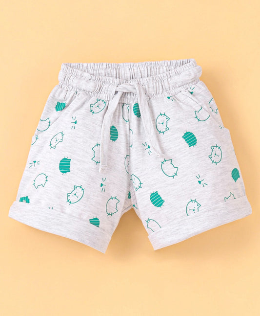 Enfance Cat Face Printed Hosiery Shorts Draw Cord Waist-Green