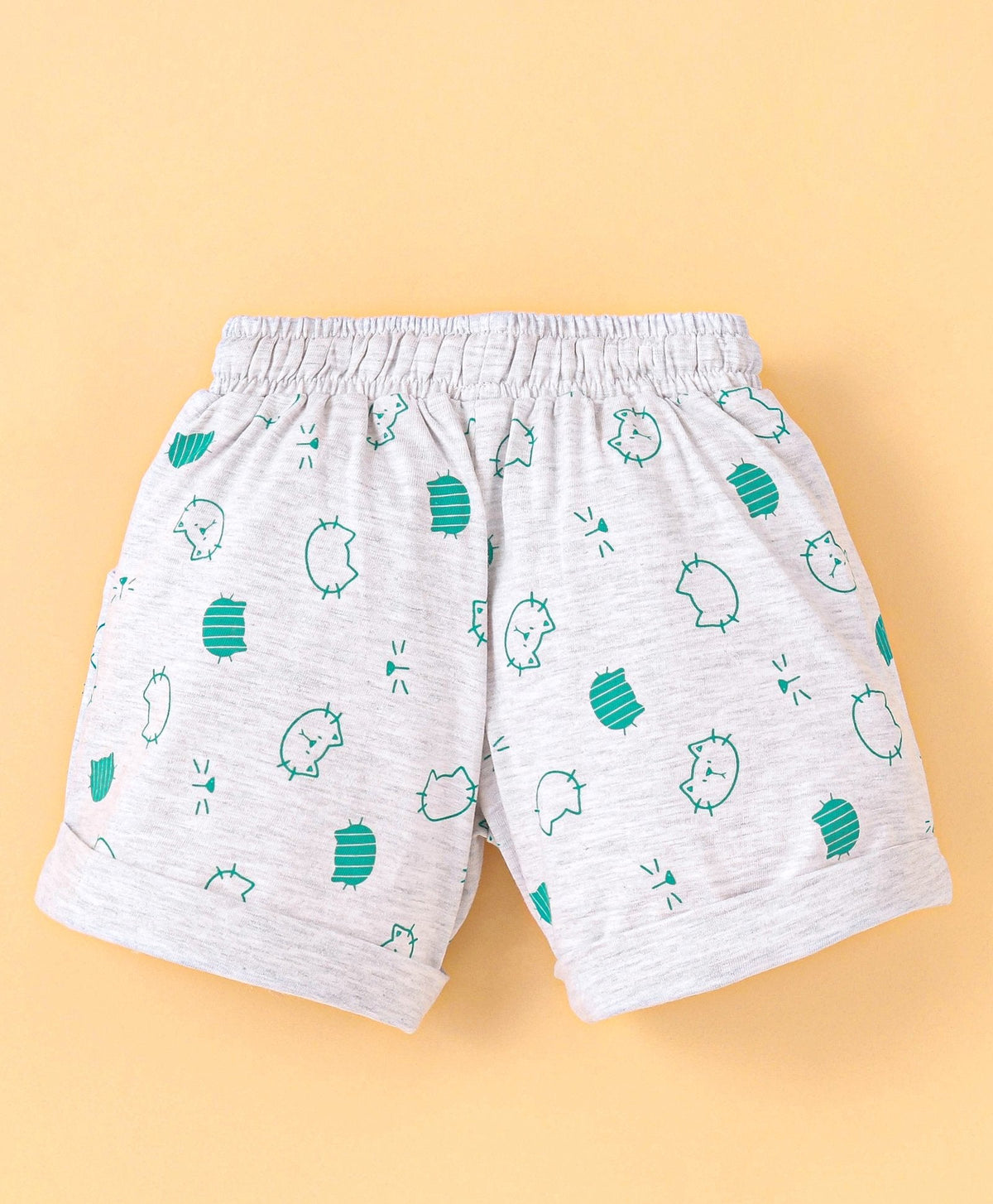 Enfance Cat Face Printed Hosiery Shorts Draw Cord Waist-Green