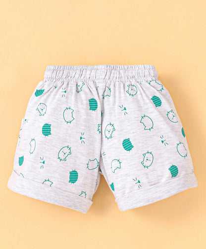 Enfance Cat Face Printed Hosiery Shorts Draw Cord Waist-Green
