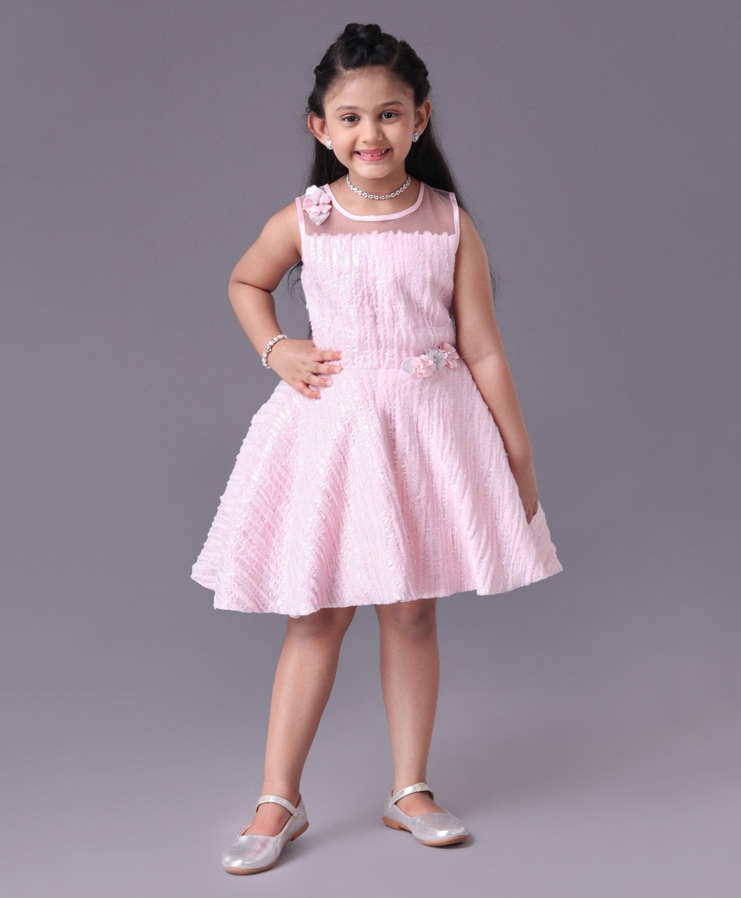 Enfance Sleeveless Mesh Yoke Fur Flared Party Wear -Pink
